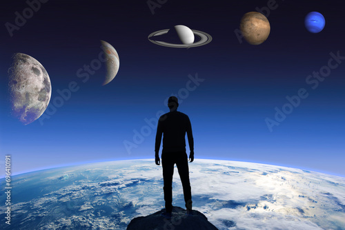 Silhouette of a man on background of the Earth and different pla