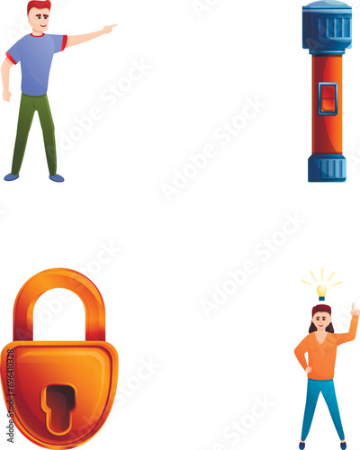 Quest icons set cartoon vector. Young people with game accessory. Entertainment, hobby