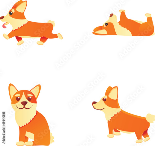 Corgi icons set cartoon vector. Cute standing, running and lying dog. Cartoon character