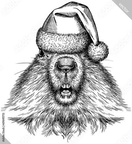 Vintage engraving isolated marmot set dressed christmas illustration groundhog ink santa costume sketch. Woodchuck background silhouette new year hat art. Black and white hand drawn vector image