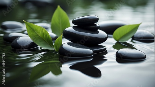 Black zen stones with green leaves on calm water background from Generative AI