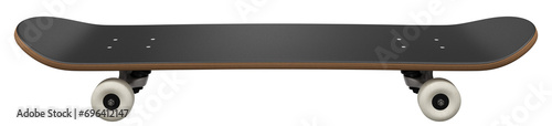 Black Wooden Skateboard With White Wheels Isolated on White Background, Side View. 3D Illustration