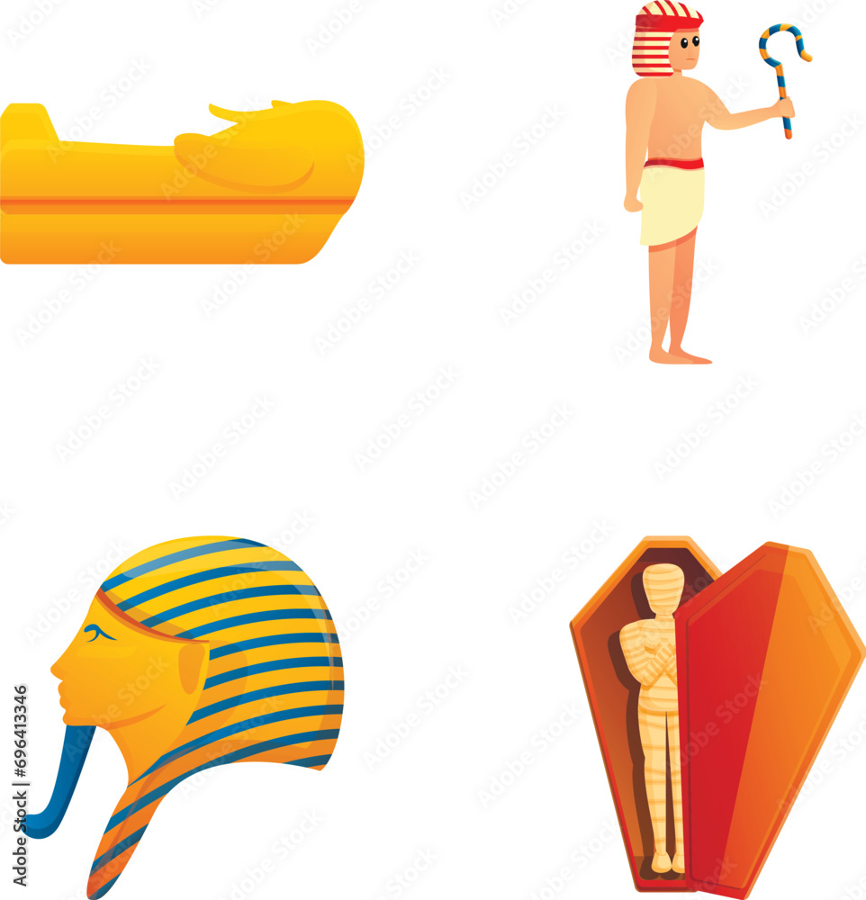 Egyptian pharaoh icons set cartoon vector. Pharaoh statue and tomb. Egypt, ancient civilization