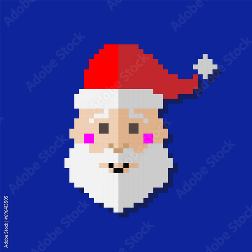 A pixelated Santa claus on a dark blue background. Santa Claus in pixel art on a blue background. The vector cap is red. Pixel Illustration EPS 10