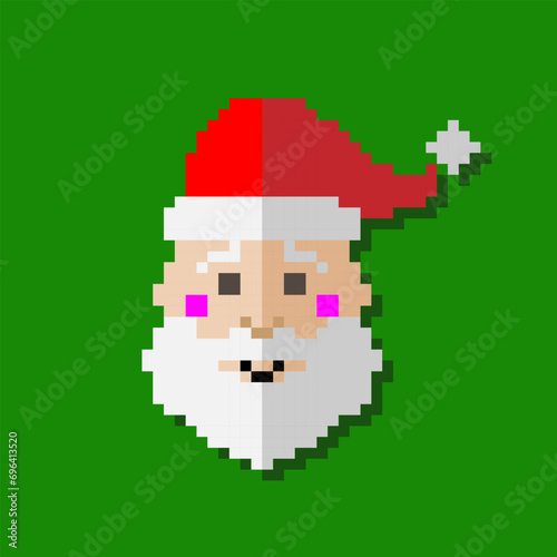A pixelated Santa claus on a green background. A vector pixel. Santa Claus in pixel art on a green background. The hat is red. Graphics. Illustration EPS 10