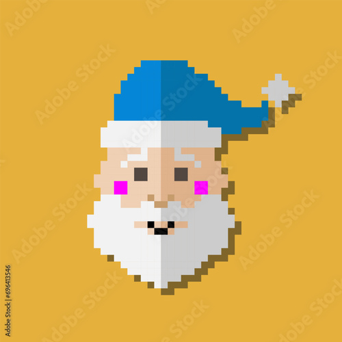 Pixelated Santa Claus on a yellow background. Graphic pixels of the EPS vector 10. Santa Claus with a blue hat on a yellow background. Illustration. Pixel graphics.
