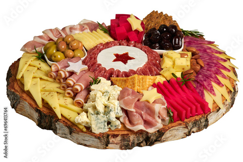 Appetizers boards with assorted cheese, salami, ham, olives and nuts. Charcuterie and cheese platter. Isolated on transparent background