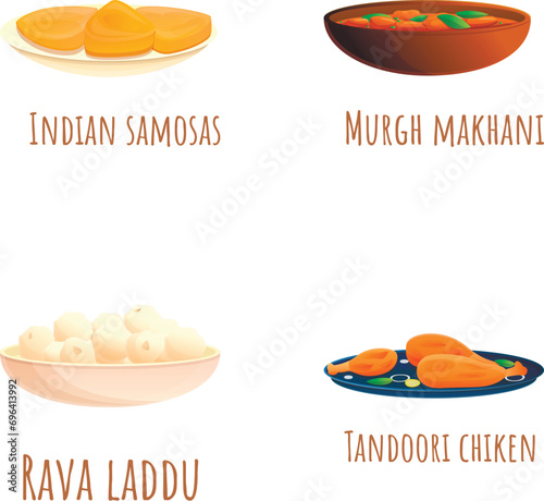 Indian cuisine icons set cartoon vector. Traditional indian meal. Asian food