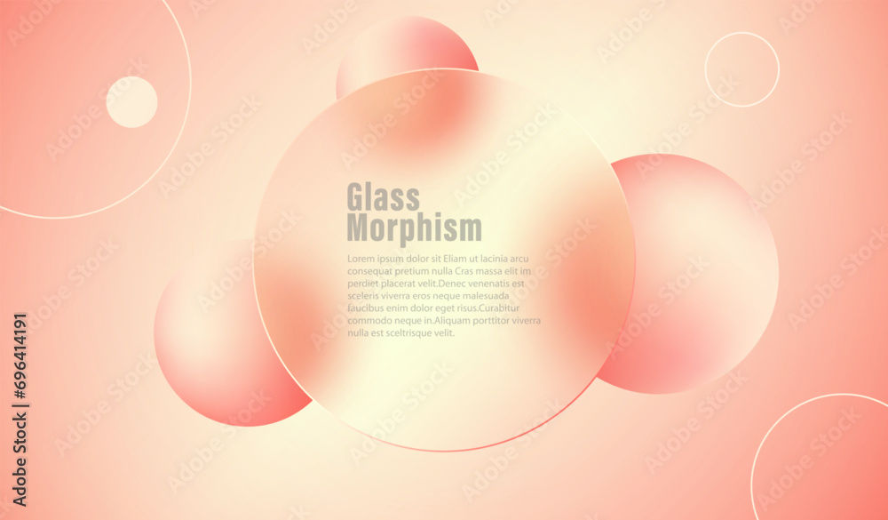 Glass morphism background design. Transparent round glass disc in peach color with 3D spheres. Glass morphism background design. Transparent round glass disc in peach color with 3D spheres.
