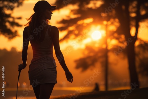 Woman Holding a Golf Club at Sunset