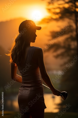 Woman Holding a Golf Club at Sunset