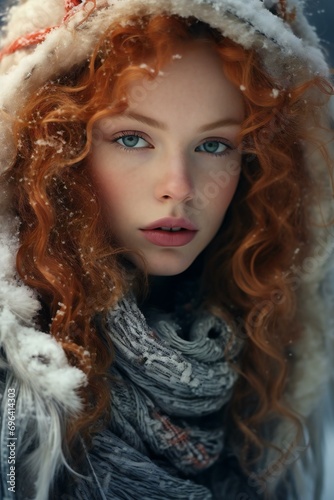 Winter portrait of beautiful redhead girl with curly hair in warm scarf