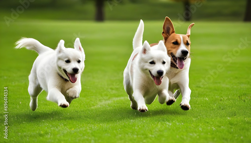 Les chiens heureux courent ensemble