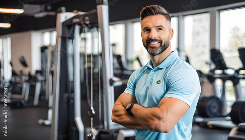 Coach sportif souriant devant les machines de sport