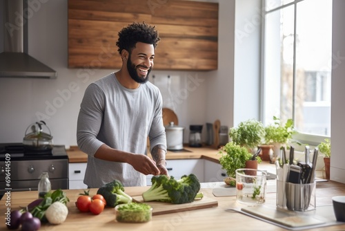 Muscular handsome african american man make breakfast from healthy food and vegetables in the kitchen at home .