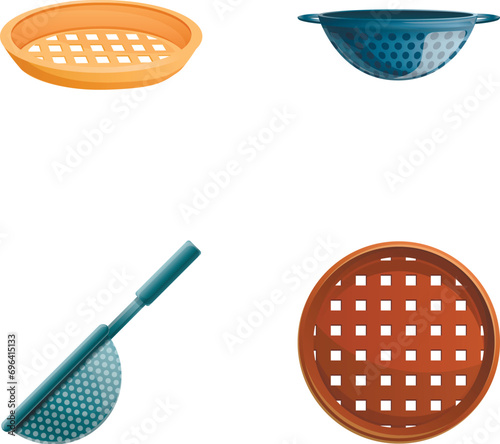 Various sieve icons set cartoon vector. Wooden and metal sieve. Utensil, kitchenware photo