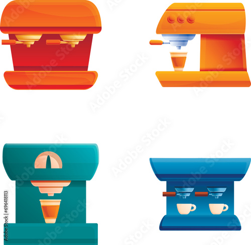 Coffee machine icons set cartoon vector. Various espresso machine with cup. Coffee house