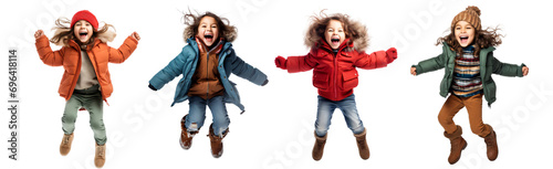 Collection of Happy Little Girls Jumping in Winter Fashion, Transparent Background PNG
