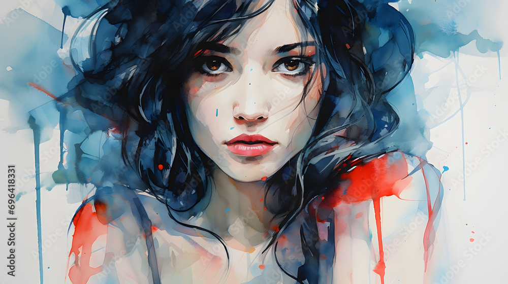 Watercolor portrait of a woman beautiful young girl, generativ ai