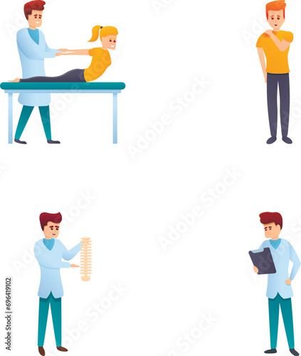 Therapy icons set cartoon vector. People in orthopedic therapy rehabilitation. Physiotherapy and rehabilitating