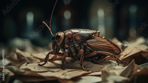 Detailed Close-Up of a Cockroach on a Wooden Floor, Emphasizing Its Body Segmentation and Sensory Antennae"