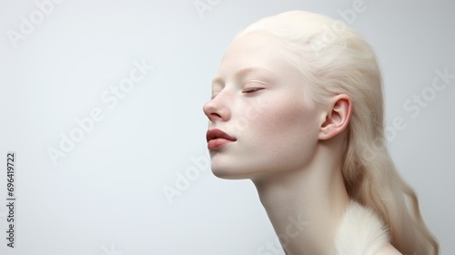 Full head posture profile view of beauty skin albino female woman no makeup real skin stylish hair style on white background