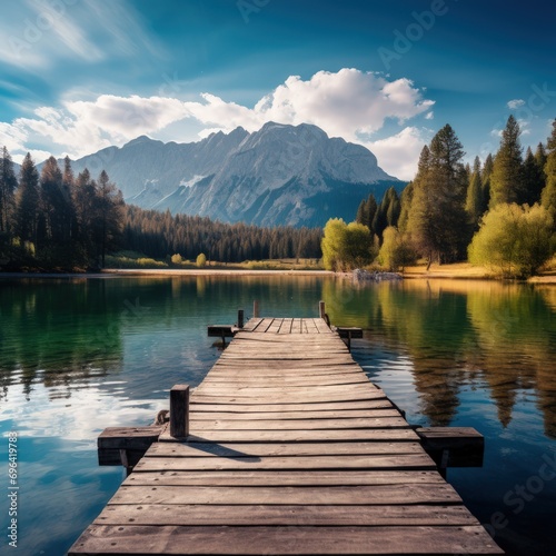 A wooden dock pier on a lake in summer sunny day blue sky white clouds lake. Generated Ai.