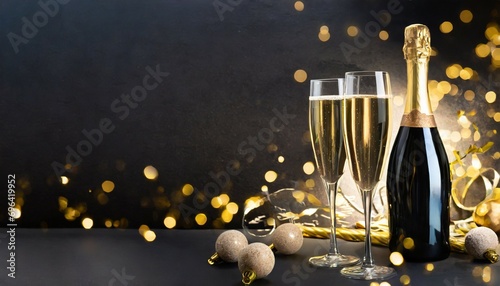luxury celebration birthday new year s eve sylvester or other holidays background banner greeting card toast with sparkling wine or champagne glasses and bottle on dark black night background