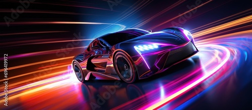 close-up of futuristic vehicle, with blurred streaks of motion and light in the background. Generative AI.