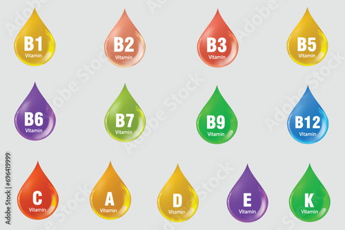 Set of Multi Vitamin complex drop icons. Multivitamin supplement. Vitamin A, B, C, D, E, K