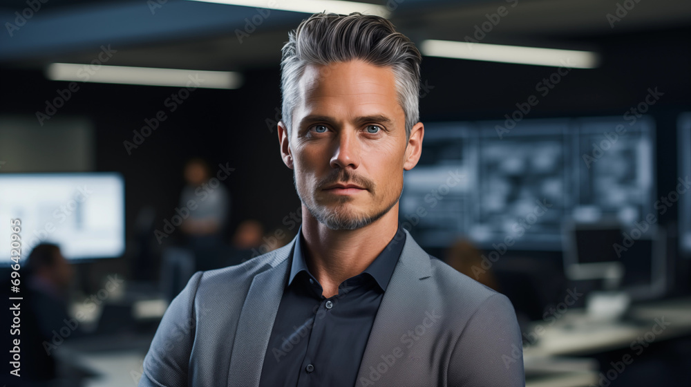 Middle-aged businessman CEO standing in office. Mature confident professional executive, proud lawyer, portrait. Middle-aged businessman CEO standing in office. Mature confident professional executive, proud lawyer, portrait.