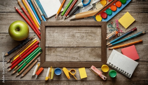 frame of school supplies on wooden background back to school concept