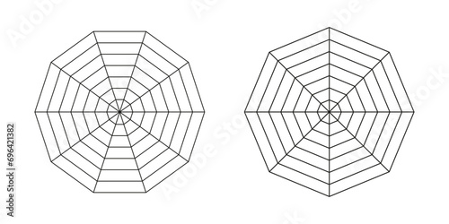 Decagon, octagon graphs. Set of radar spider templates. Spider mesh. Flat web diagrams for statistic, analytics. Blank radar charts. Vector graphics illustration. photo