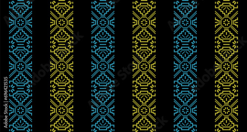 Ukrainian stripes print. Vector seamless pattern for textile, fabric, cloth. Traditional folk stripes print, ethnic ornament in yellow and blue colors on black. Pixel art, vyshyvanka, cross stitch
