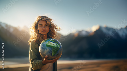 Beautiful young woman activist holding planet earth globe in her hand in climate action and environmental conservation concept photo