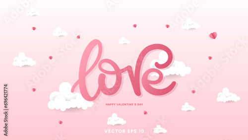 Love calligraphy with cloud in Valentine's Day on pink background , Flat Modern design , illustration Vector EPS 10