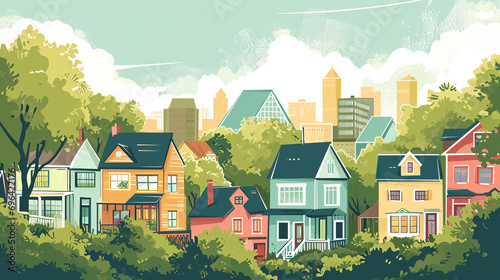 skyline of family colorful houses in sustainable city with green trees illustration