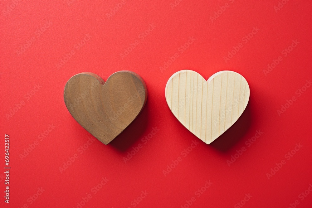 Two wooden hearts on a red background. Valentine's day concept.
