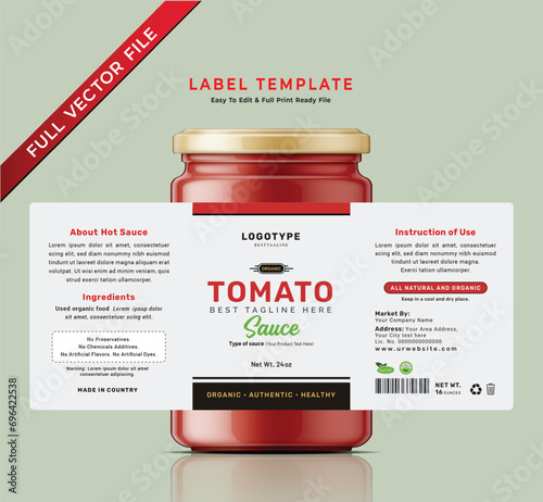 Tomato sauce label bottle jar food sticker packaging design.