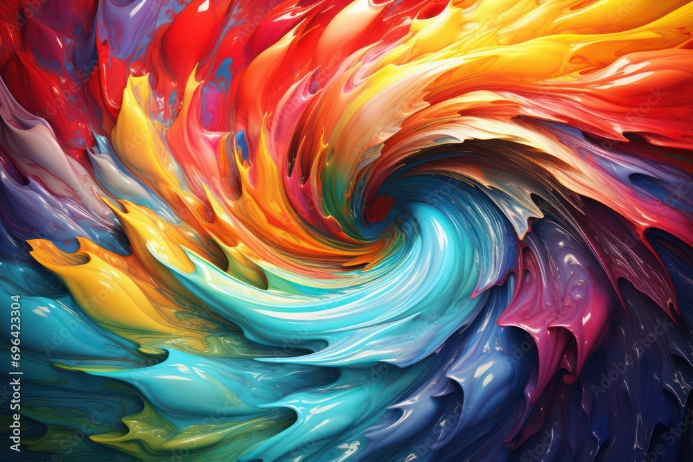 Vibrant swirl of glossy paint waves in various colors. Colorful background. - obrazy, fototapety, plakaty 