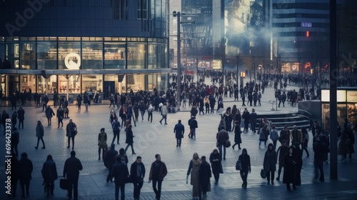 Busy urban square with people and modern architecture photo