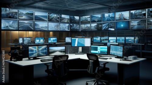 Modern traffic control room with multiple surveillance screens