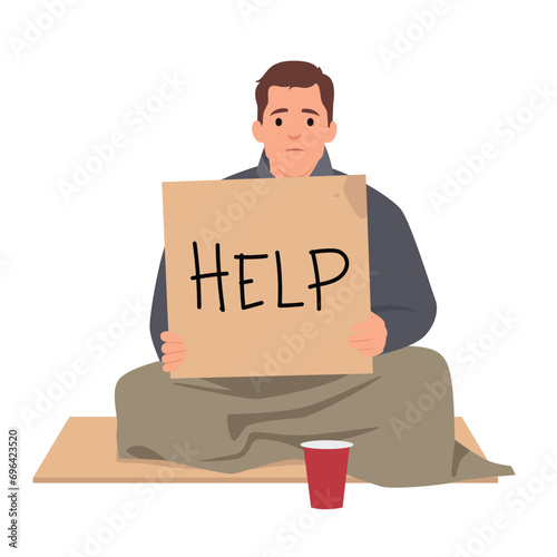 Homeless people cartoon composition with sad poor homeless man sits on the ground with nameplate need help. Flat vector illustration isolated on white background