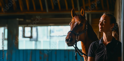 Gril or woman and her horse side by side in a stable setting. 