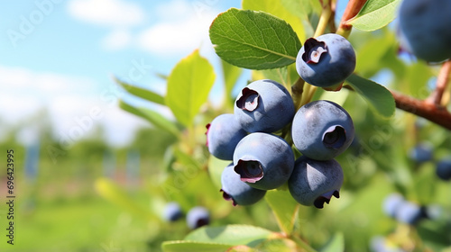 Ripe blueberries (bilberry) on a blueberry bush on a nature background. generative ai photo