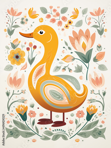 Pato amarelo fofo com flores e plantas - Ilustração infantil no estilo escandinavo simples 