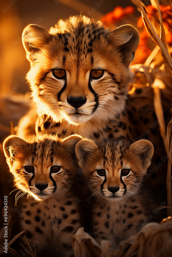 Obraz premium An intimate moment of a cheetah mother nurturing her cubs in the shade.