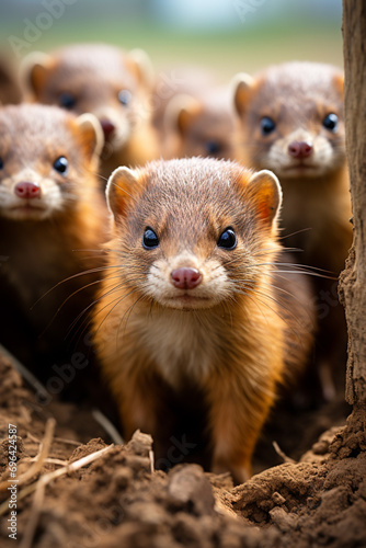 A group of mongoose foraging together, alert to the dangers around them.