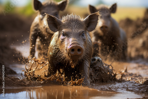 A heartwarming scene of a family of warthogs playing in the mud.
