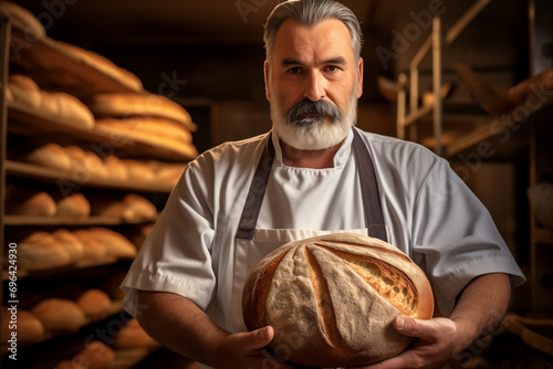 Private bakery, girl baker holds bread in her hands, Private small business bakery,